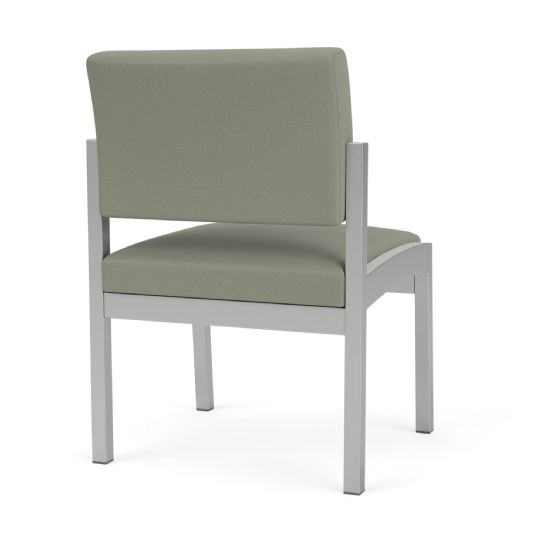 Chair back view with silver frame and eucalyptus upholstery