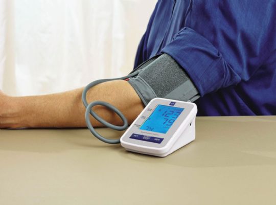 The Medline Talking Automatic Blood Pressure Monitor in action