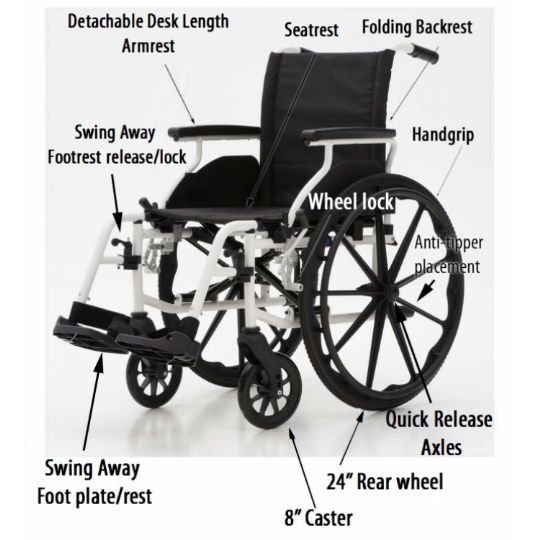 Aluminum wheelchair with detachable armrests, swing-away footrests, and folding backrest, featuring 24 in. rear wheels and 8 in. casters.