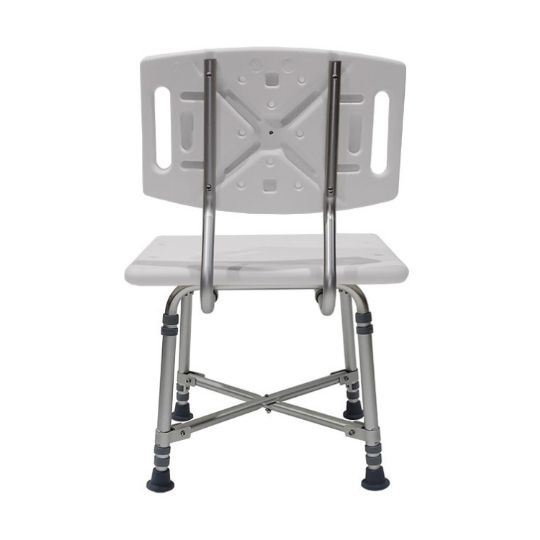 Back view of a heavy-duty bath chair with adjustable height and removable backrest for enhanced versatility.