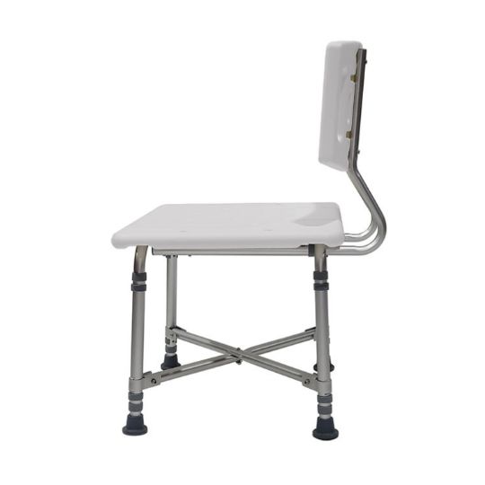 Side view of a heavy-duty bath chair with adjustable height and sturdy aluminum frame for stability.