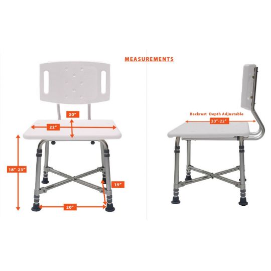 Measurement guide for the heavy-duty bath chair showing seat dimensions, adjustable backrest depth, and height range.