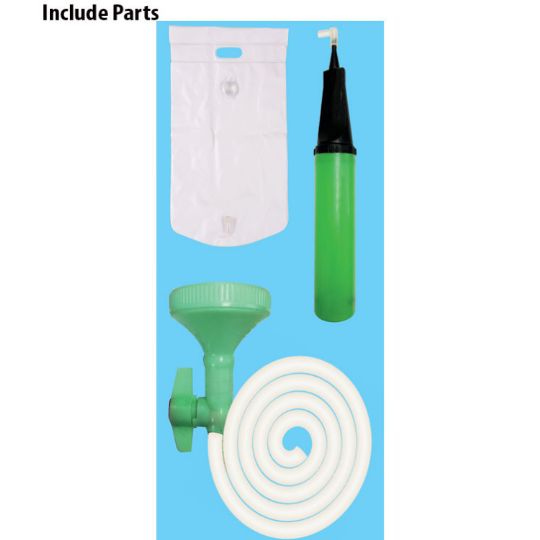 Included parts: a water bag, pump, hose, and sprinkler.