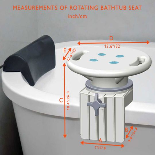 The detailed measurements of the rotating bathtub seat in inches and centimeters