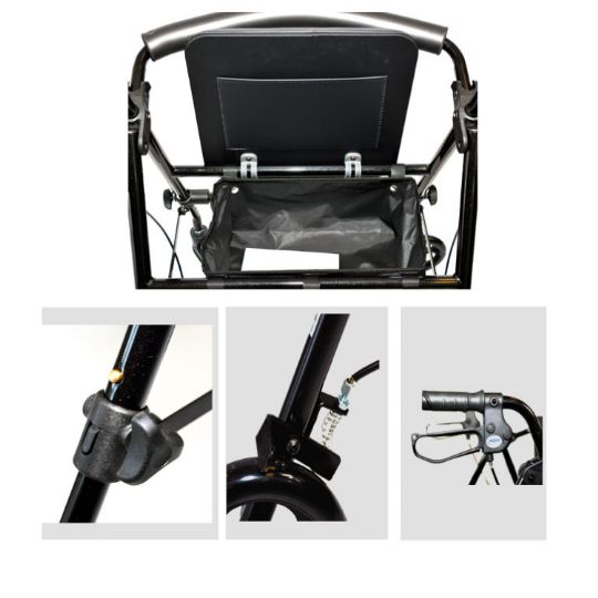 Close-up views of the folding rollator, including the padded backrest, foldable basket, adjustable height lock, and brake system