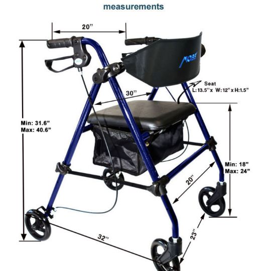 Measurements of a blue aluminum folding rollator, including seat dimensions and adjustable handle heights.