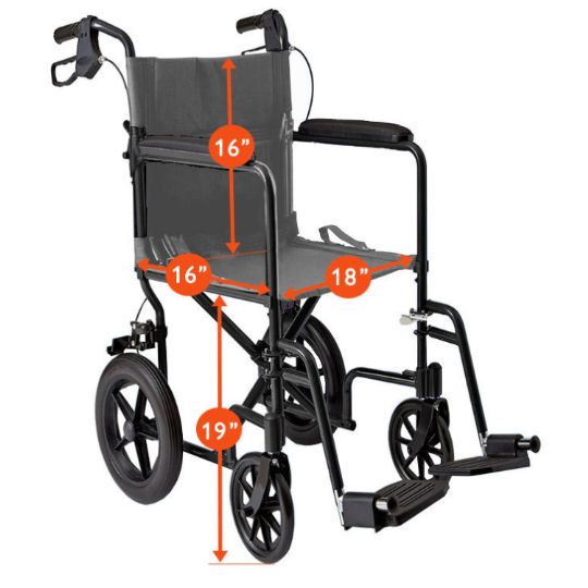 Transport Chair with labeled dimensions for seat width, depth, and height