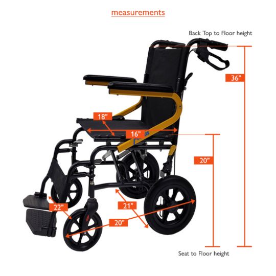 Transport Chair with labeled measurements for precise fit and comfort