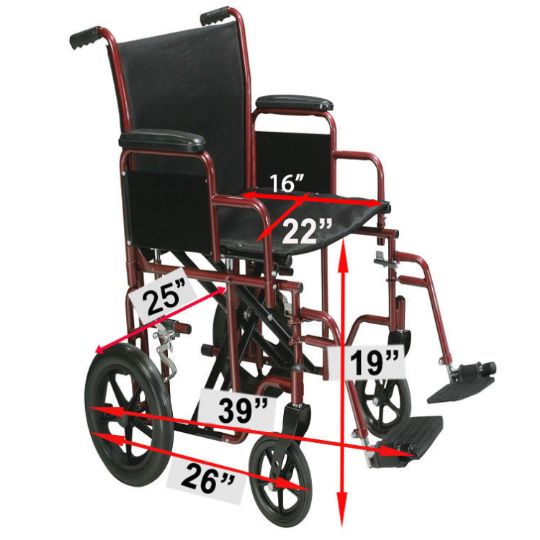 Transport Chair with labeled dimensions for precise fitting and comfort