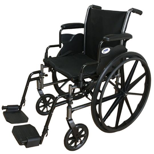 A lightweight steel wheelchair with large rear wheels and adjustable footrests.