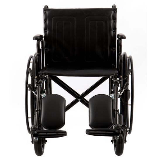 Black 24 in. heavy-duty wheelchair with swing-away elevating leg rests, viewed from the front.