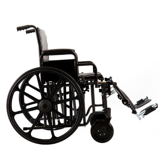 Black 24 in. heavy-duty wheelchair with swing-away elevating leg rests and large rear wheels.