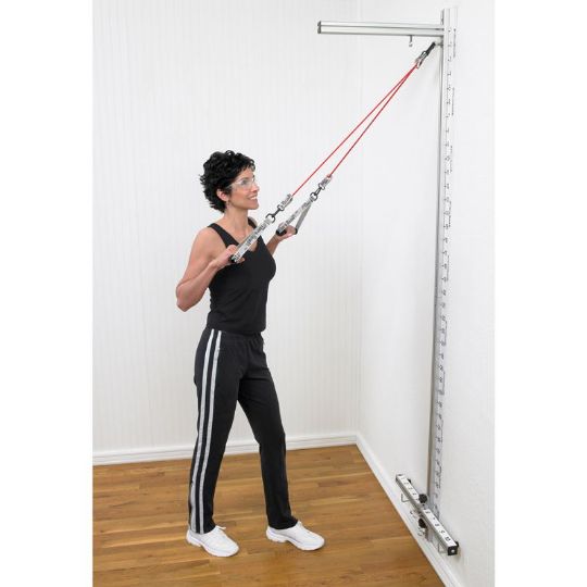 This system contains everything needed for resistance training, such as handles with soft grips and straps for the arms, legs, and head. 