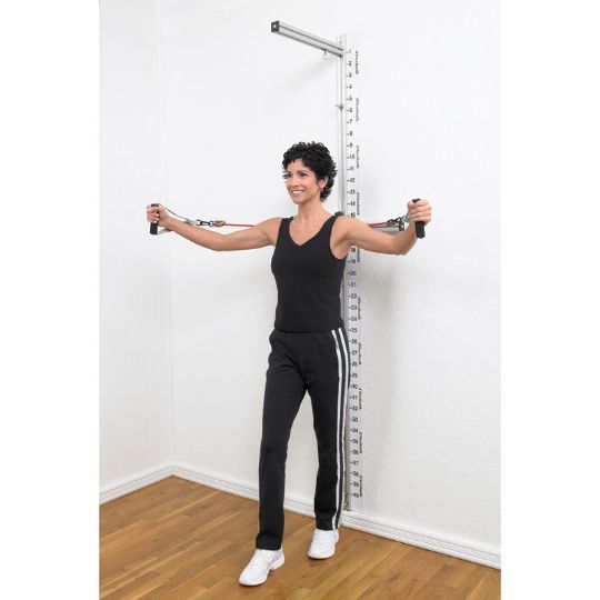 The new TheraBand￿ Wall Station is the first compact, total body rehabilitation system designed for in-clinic strength training, and it features the familiar colors and resistance levels of TheraBand clip-connect tubing. 