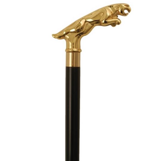 Luxurious walking cane with a gold-plated cheetah handle and sleek black-stained shaft