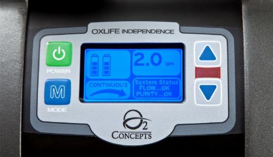 Close up view of the monitor and controls of the OxLife Independence Portable Oxygen Concentrator System