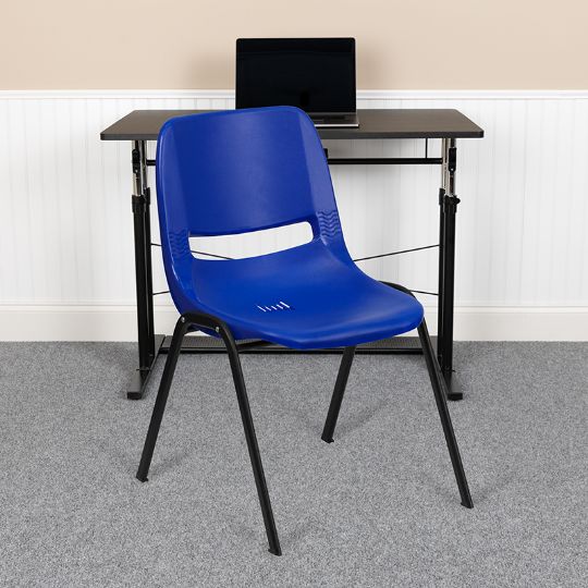 The chair is shown above is in an office environment. It is the color blue with a black frame 