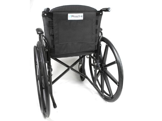 Durable wheelchair with Proactive-branded adjustable backrest for added support.