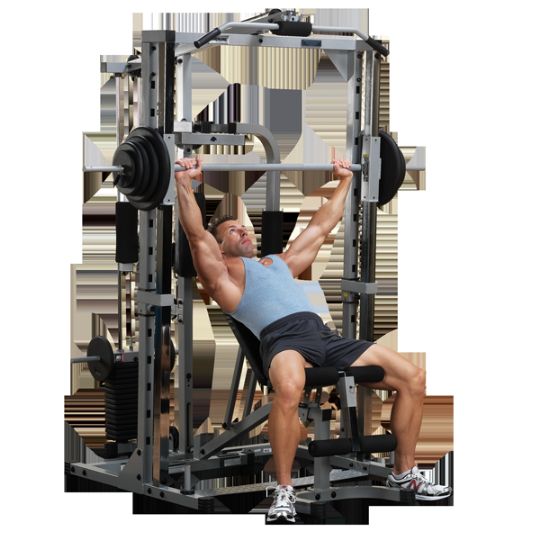 The inclined bench press can be performed with the Body-Solid Powerline Smith Machine System.