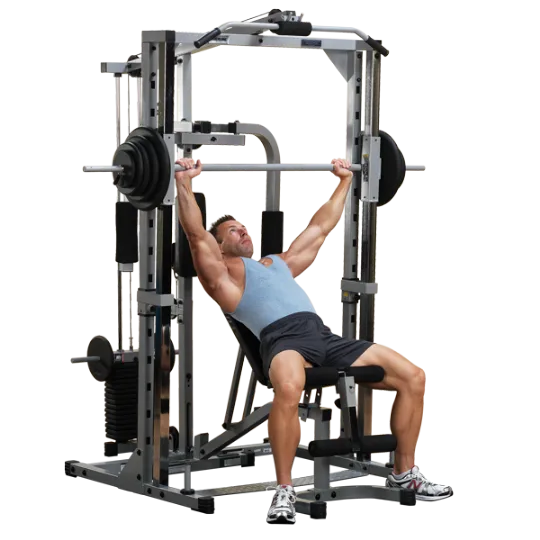 The inclined bench press can be performed with the Body-Solid Powerline Smith Machine System.