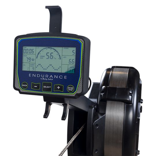 Endurance by Body-Solid R300 Indoor Rower - Interactive Console reports: heart rate, calories, paddle width, stroke rate, distance cycle and watts