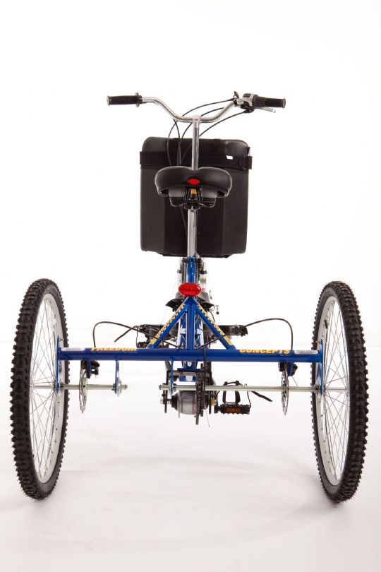 Sideview of the Freedom Excursion Tandem Tricycle in Candy Blue - Rearview 