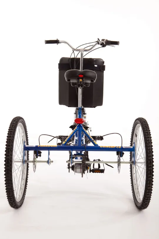 Sideview of the Freedom Excursion Tandem Tricycle in Candy Blue - Rearview 