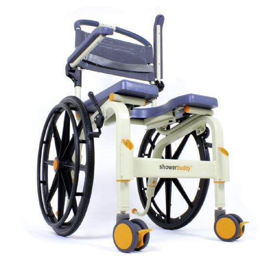 Roll-In Shower Buddy Solo Chair shown with the footrest plate removed