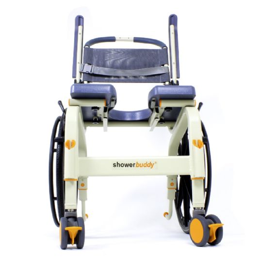 Roll-In Shower Buddy Solo Chair shown with adjustable arms and locking wheels