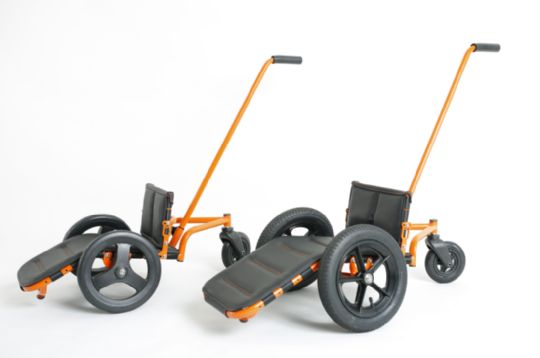The two models of the Low Rider Special Needs Tricycle Activity Chair with push handles.