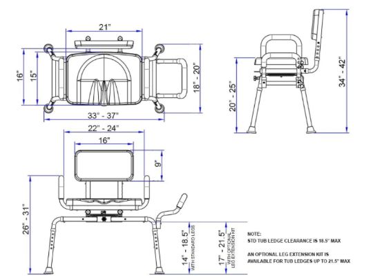 Schematics of the Carousel Bariatric Transfer Bench by Platinum Health