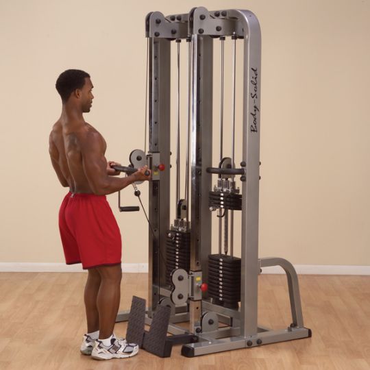 Vertically adjustable pulleys can be set for over 100 exercises at a level that is comfortable for any size user