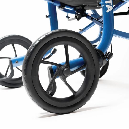 A wider wheelbase and larger wheels provide increased stability and durability