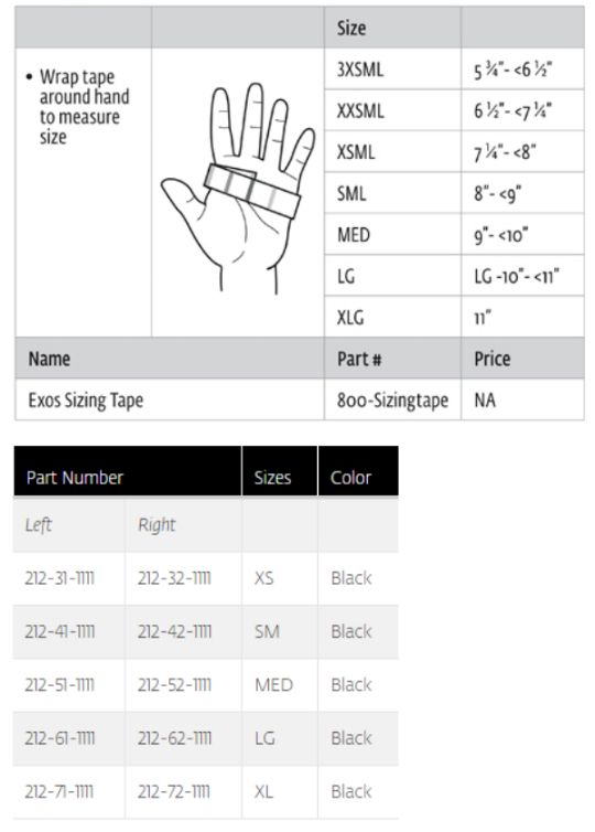 Exos Long Thumb Spica with BOA Sizing Chart with Measurements