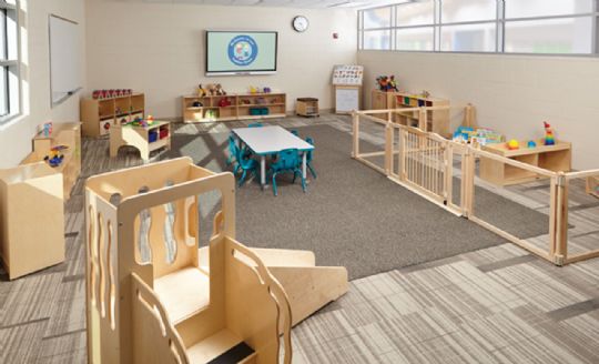 Well-structured classroom with designated play and learning zones