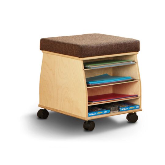 Mobile classroom organizer with cushioned seat and open storage