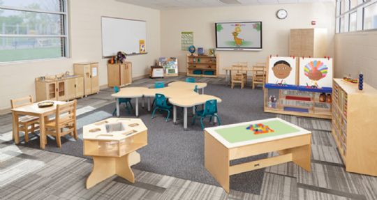 Bright and organized classroom with versatile learning and activity areas