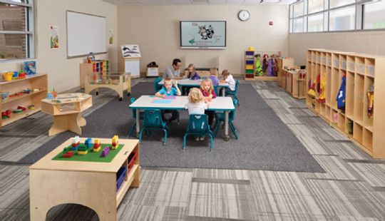 Structured classroom layout with focused group activities and play areas