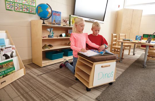 Children exploring books together in a well-organized reading corner