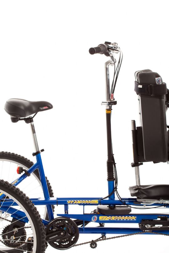 Sideview of the Freedom Excursion Tandem Tricycle in Candy Blue - Handlebars Up