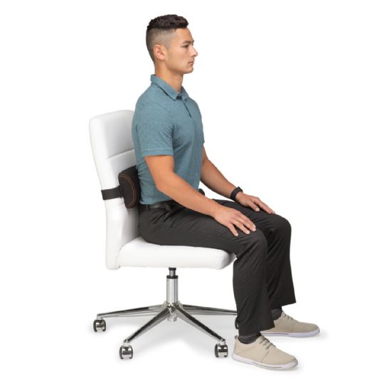 Man sitting with the original mckenzie signature slimline for enhanced lower back support