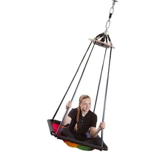 Southpaw Sensory Swing Platform Swing Rainbow in use supports up to 200-pounds.