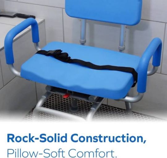 The Swivel Shower Chair has a solid and comfortable seat
