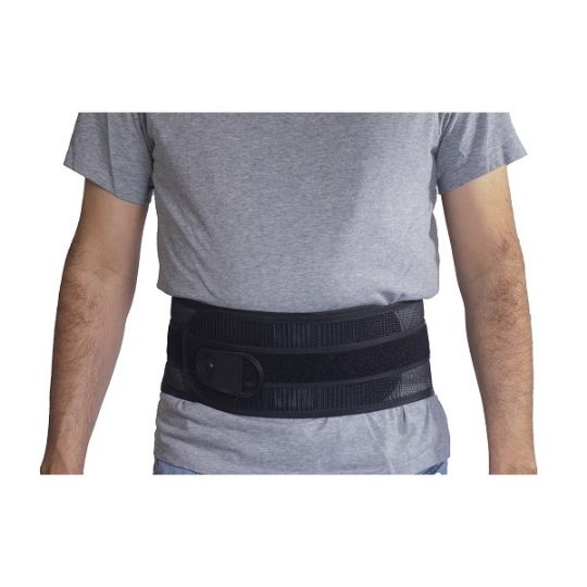 Front view of adjustable lumbar support brace with mesh design