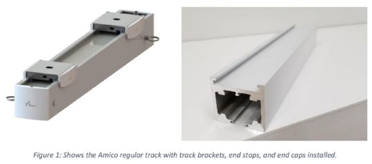 Shown above (left) is a regular track with track brackets, end stops, and end caps installed. 