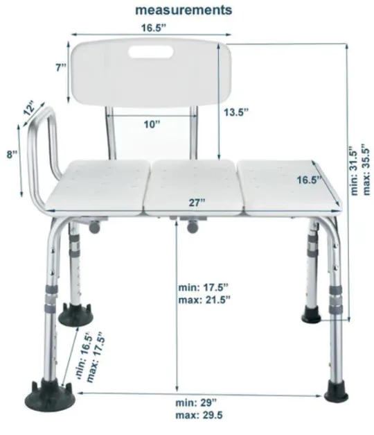 MOBB Transfer Bath Bench with Back and Arm Rest Adjustable Height