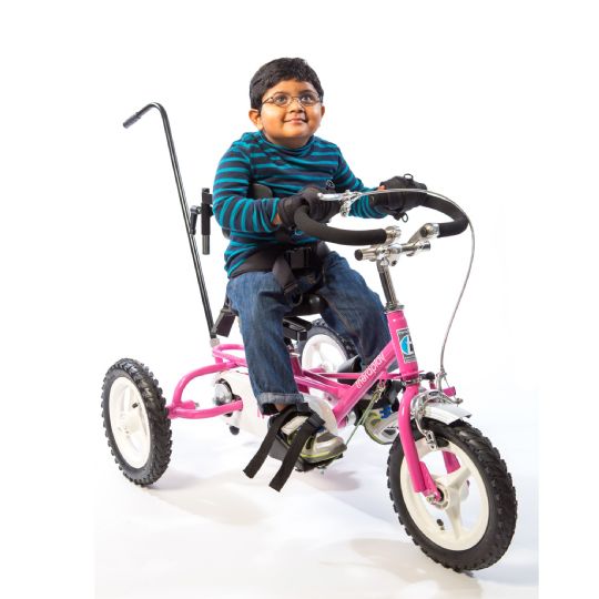 The In-Line Trunk Support, Pelvic Strap, Foot Sandals, CumfiGrip Handlebars, Puncture Proof Tires, and Control Pole help children confidently learn to ride a bike!