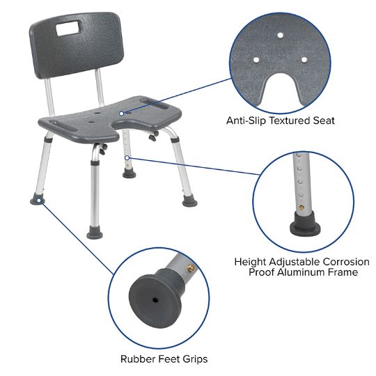 Features rubber feet grips, anti-slip textured seat, and height adjustable legs