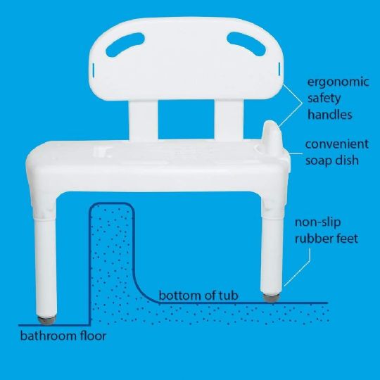 The universal bath transfer bench adjusts between the bottom of the bathtub and bathroom floor to perfectly level the bench over the bathtub wall. 