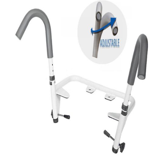 Adjustable arm toilet safety frame